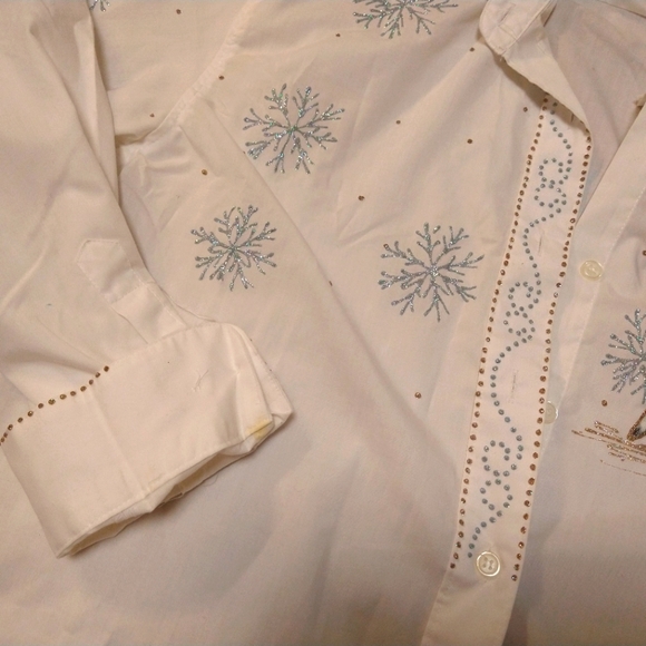 Vintage Christmas Santa Deer Snowflake Glittery White Button Up Blouse Women's S - Picture 3 of 7